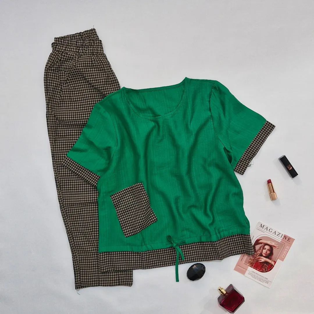 ست تیشرت شلوار زنانه سوپر نخی طرح چهارخونه